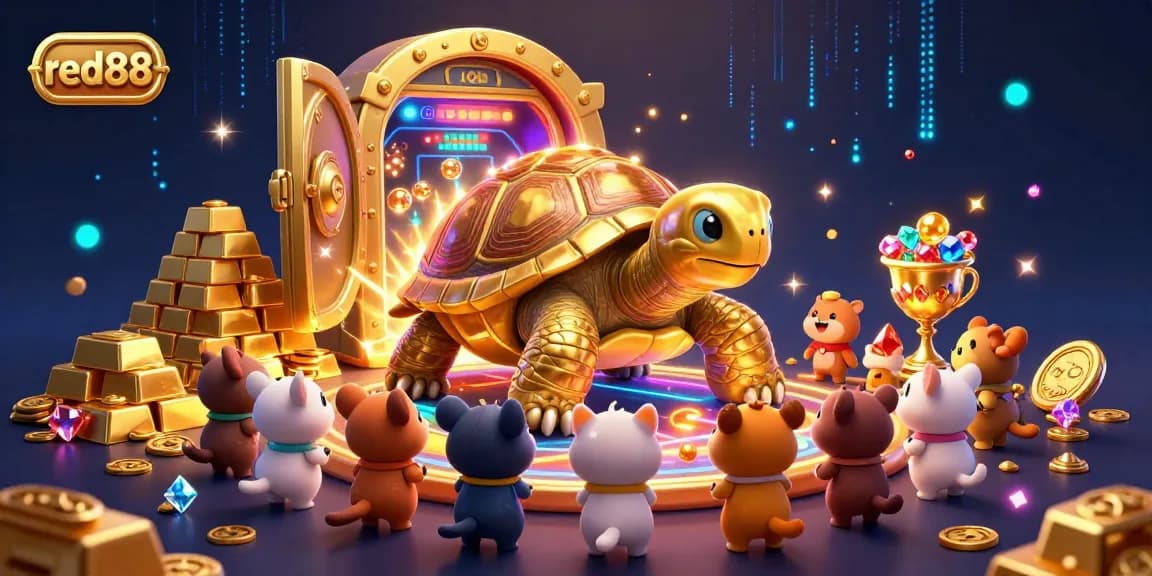Experience thrilling slots at red88 with a vibrant tortoise pinball machine and treasure scenery.