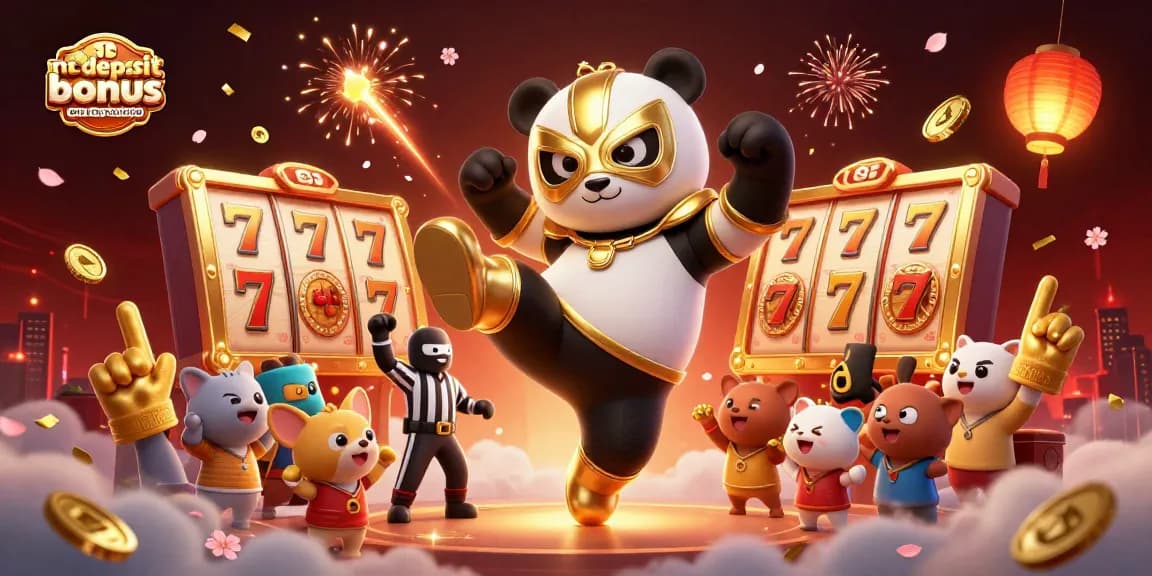 No deposit bonus casino Australia illustration featuring panda wrestler, chihuahua referee, and vibrant casino symbols.