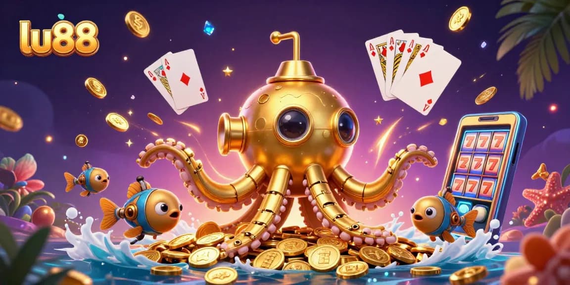 lu88 casino promotion showcasing a kraken submarine amid coins and a royal flush