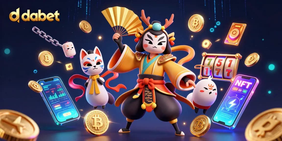 dabet showcases a vibrant 3D scene with kabuki characters and crypto elements for immersive gaming.