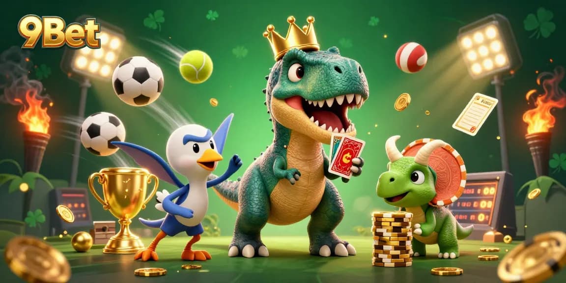 Engage with exciting gameplay at 9Bet as cartoon dinosaurs shuffle cards and stack chips.