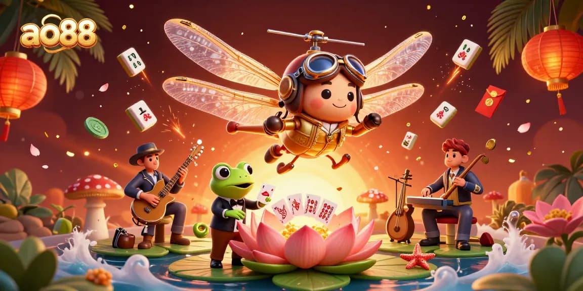 Experience thrilling gaming moments at ao88 with a dynamic scene of dragonflies and frog croupiers.