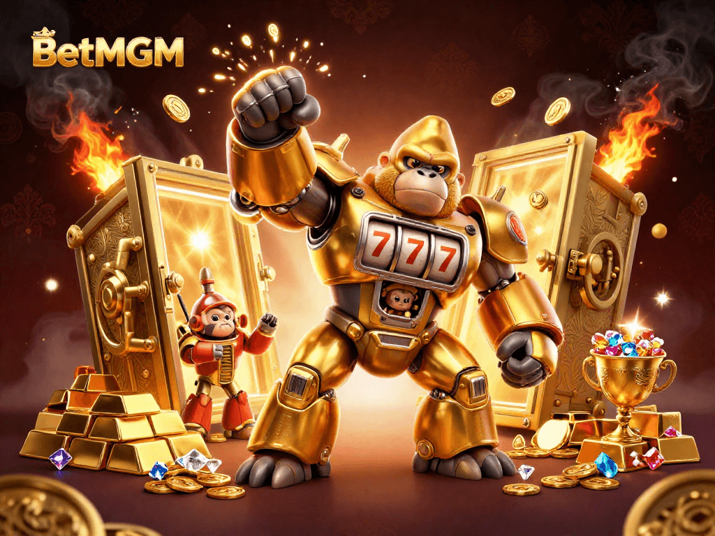 Experience vibrant casino action with BetMGM's golden gorilla mech and treasure-filled scene