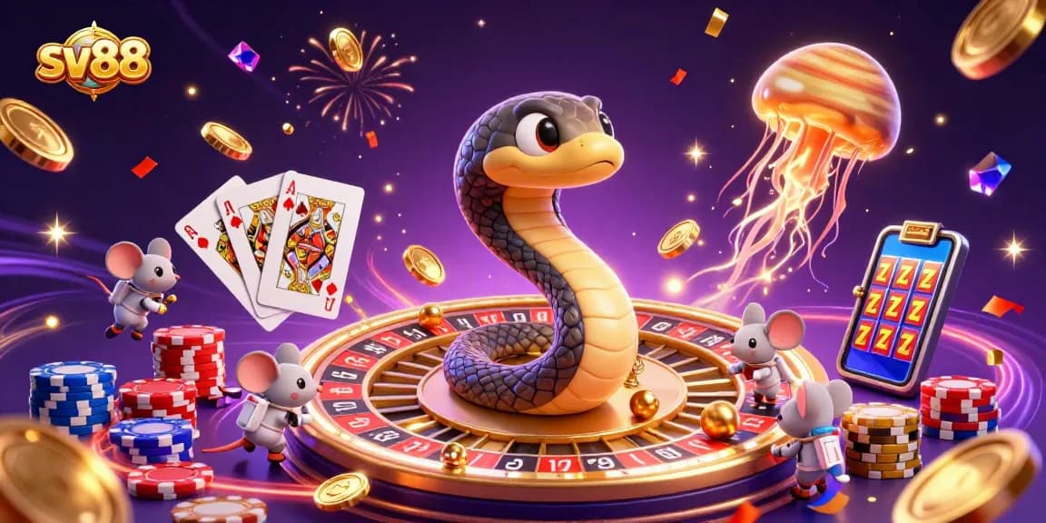 sv88 engages players with a dynamic casino scene featuring roulette, vibrant elements, and celebratory visuals.
