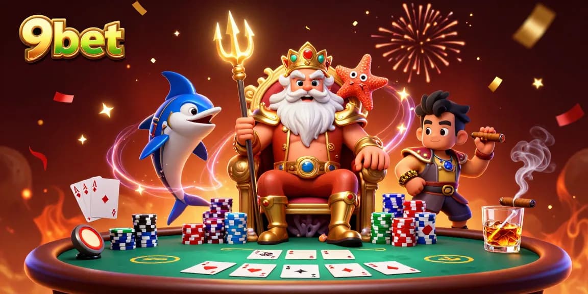 Experience the thrill of 9bet as Neptune commands a vibrant poker scene with colorful chips.