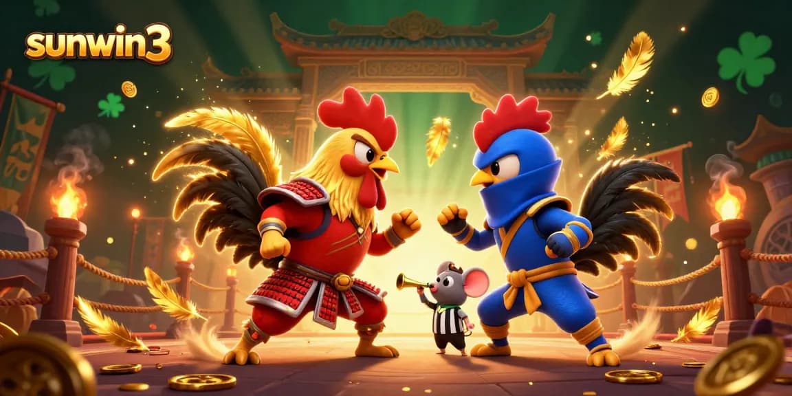 Engage with sunwin3's thrilling roosters in a dynamic casino fighting scene featuring vibrant game elements.