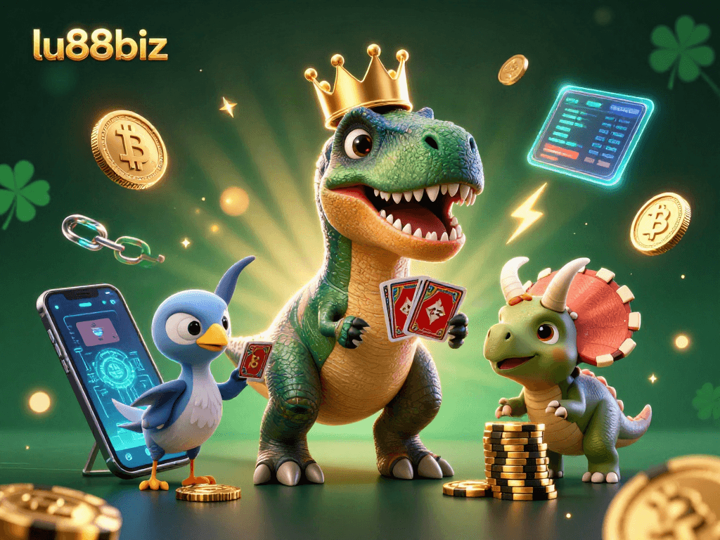Engage with the thrilling world of lu88biz as a T-Rex tackles card shuffling, surrounded by crypto coins.
