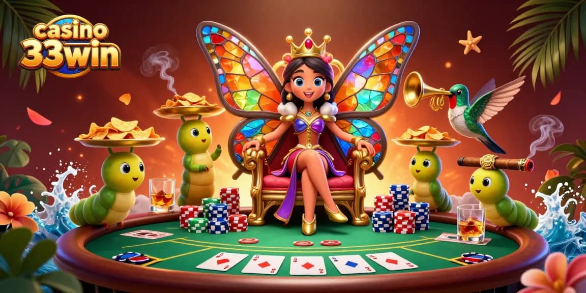 Engage in thrilling gameplay at casino 33win, where vibrant poker action unfolds beneath a dazzling queen's court.