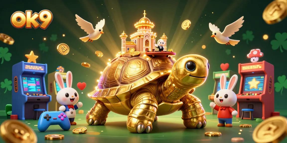 Experience thrilling gameplay at ok9 with our vibrant, colorful casino illustration featuring unique characters and games.