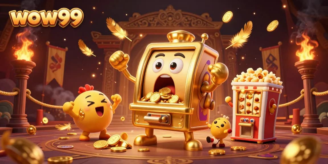 Mesin slot wow99 mendapatkan jackpot dengan koin emas berjatuhan, dikelilingi oleh elemen berjudi yang menarik.