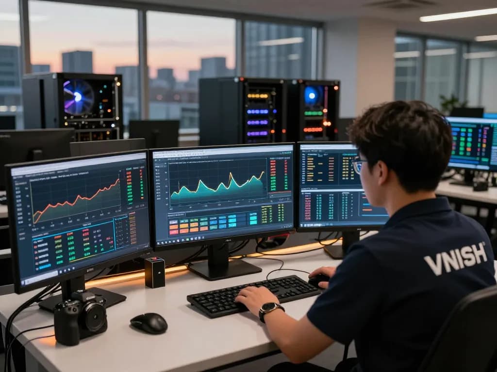 Técnico gerenciando a eficiência dos mineradores ASIC através de https://vnish.net.br/ em uma sala de controle de alta tecnologia.
