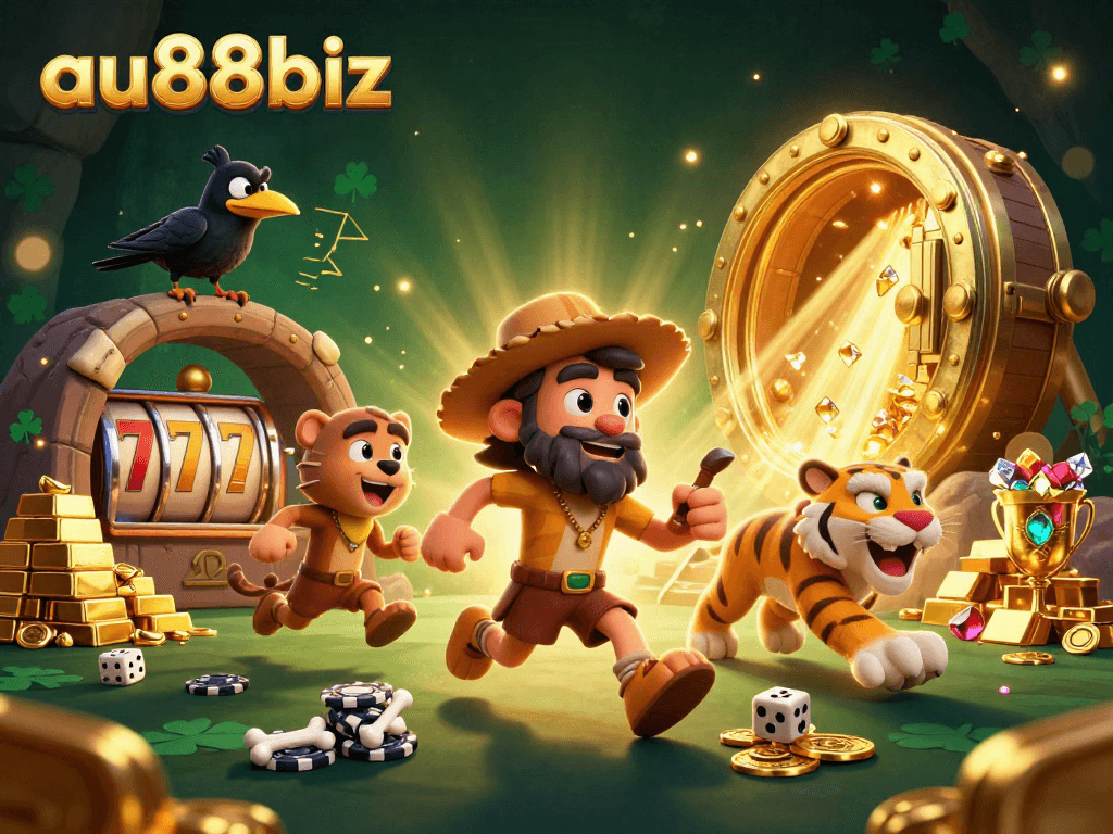 Play exciting games and win at au88biz in a vibrant prehistoric casino scene.