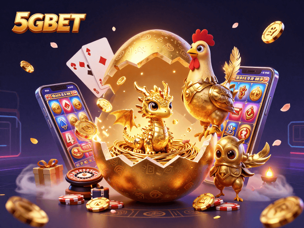 Engage with 5GBET's vibrant slots and bonuses featuring a golden dragon, poker chips, and a colorful slot game.