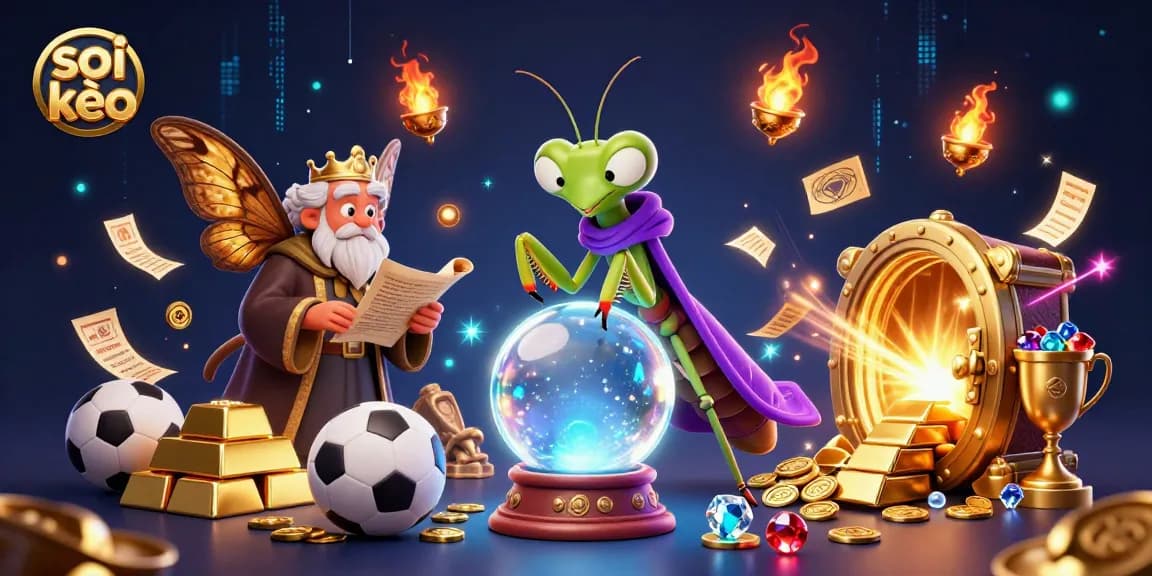 Soi kèo expert fortune teller reveals winning betting strategies in sport-themed 3D illustration.