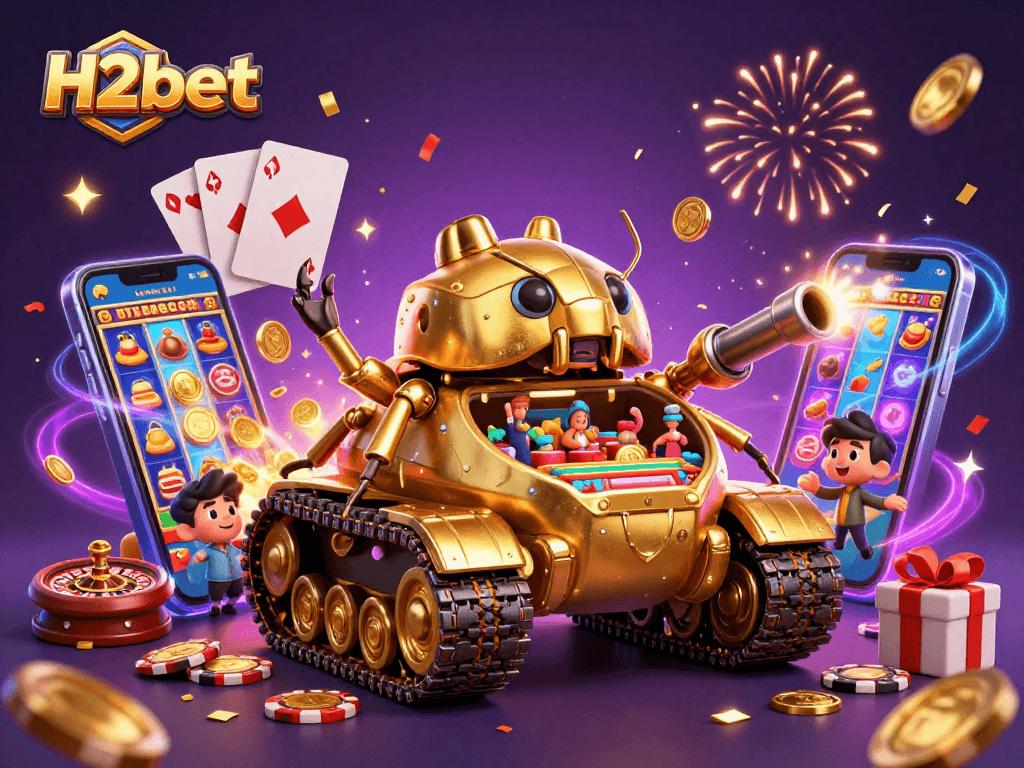 Win big with H2bet in this vibrant 3D illustrating a golden beetle tank casino bursting with excitement.