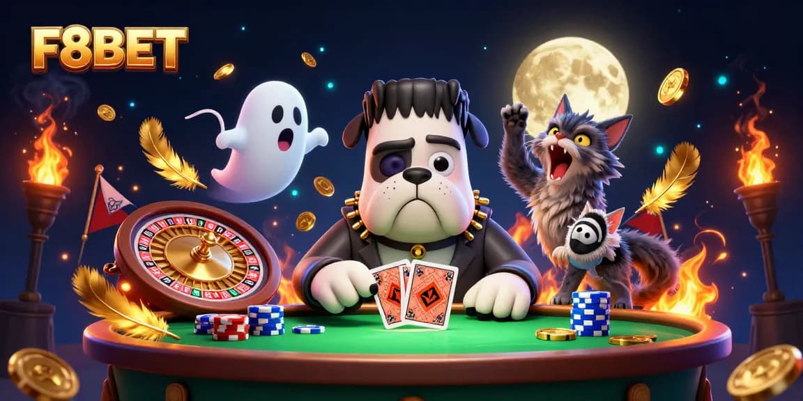 F8BET showcases a lively casino scene with a bulldog dealer and vibrant gaming elements.
