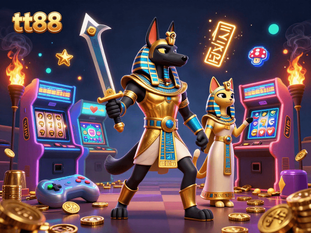 Experience thrilling gameplay at tt88 with ancient Egyptian warriors, vibrant slot elements, and glowing effects.