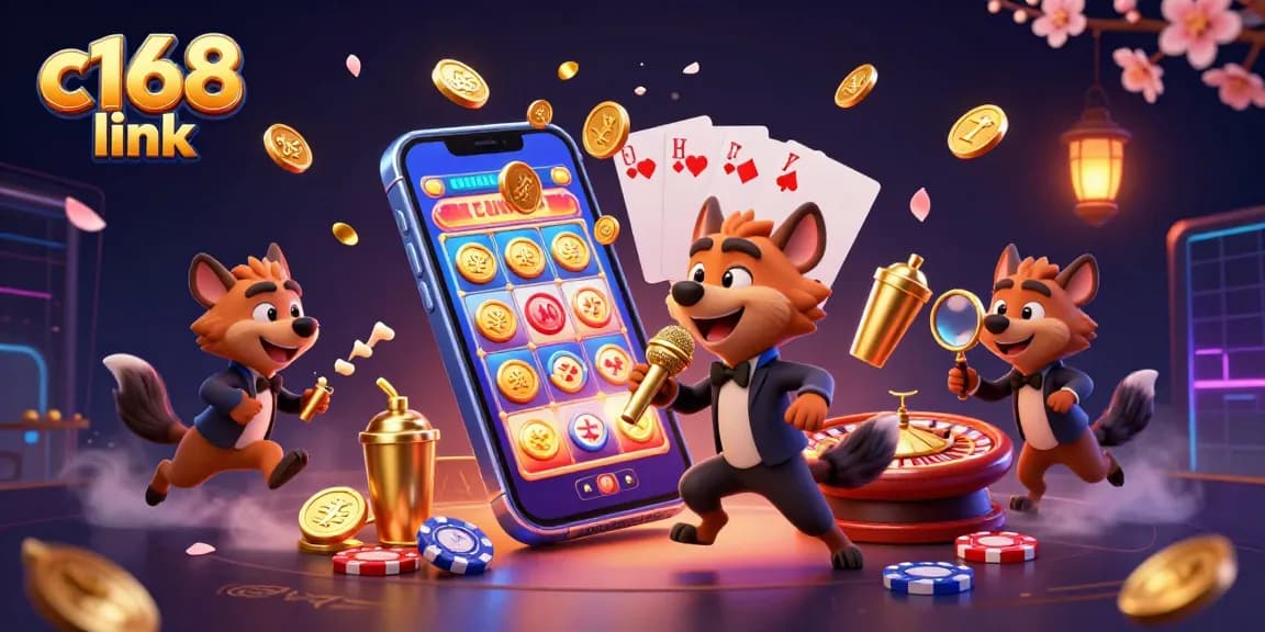 Engage with the lively comedy casino scene showcasing c168 link, dynamic slot games, and playful hyenas.