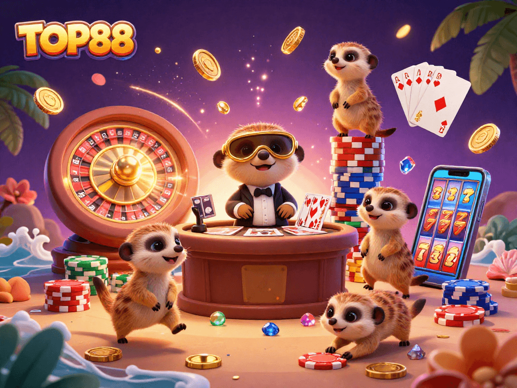 TOP88 meerkats manage a bustling casino featuring roulette, poker, and colorful chips.