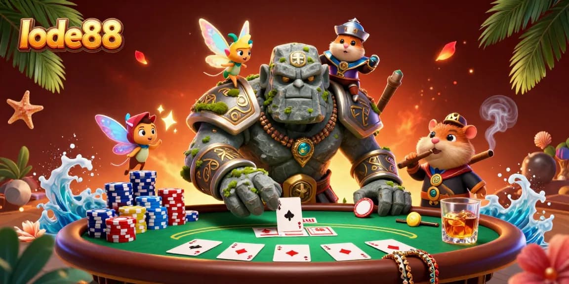 Engage in thrilling card games at lode88 with a golem guardian and magical elements.