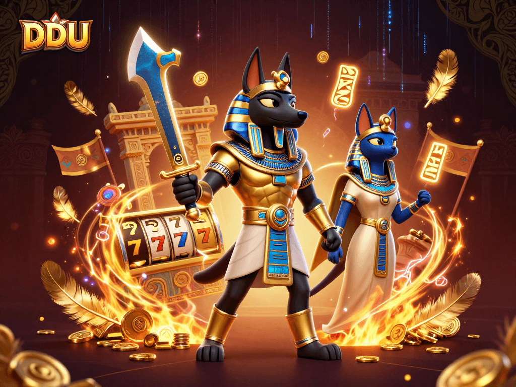 Join the thrilling realm of DDUU slots, featuring Anubis and Bastet amidst gold coins and vibrant energy.