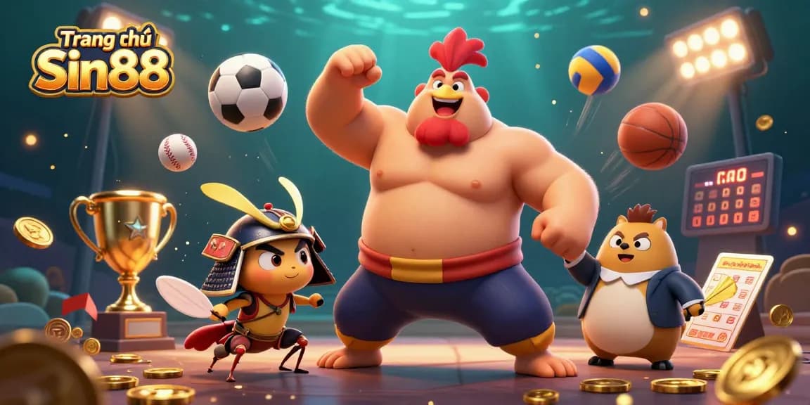 Engage with thrilling gaming action at Trang chủ Sin88 as a powerful sumo rooster battles amidst dynamic sports elements.