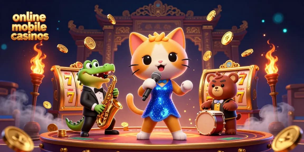 Engage with the excitement of online mobile casinos featuring vibrant casino characters in dynamic 3D illustration.