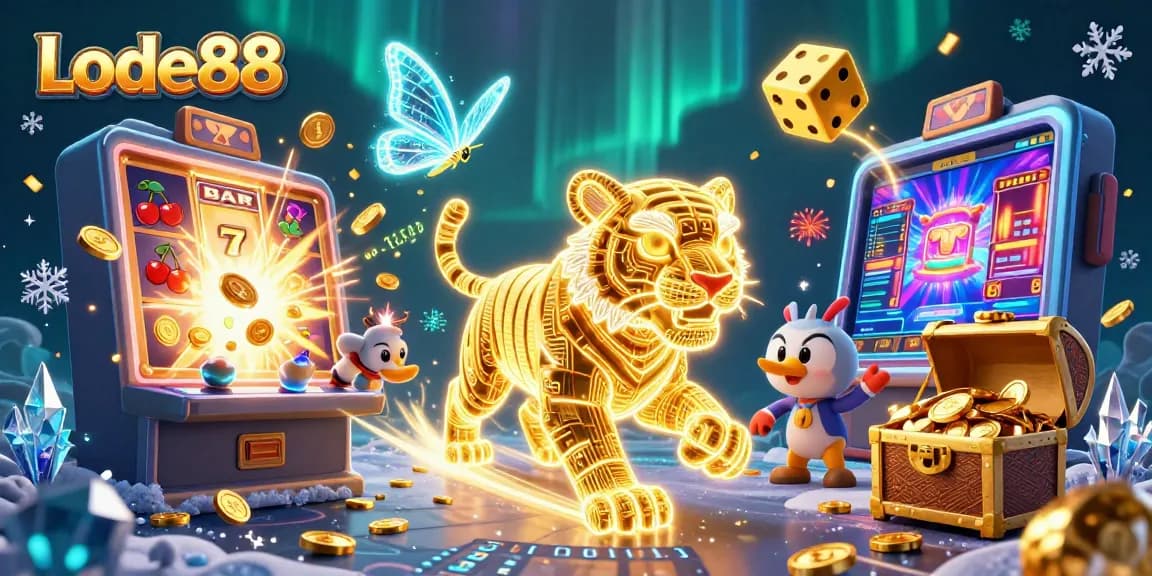 Lode88 game features a vibrant neon-wireframe tiger in a digital casino landscape