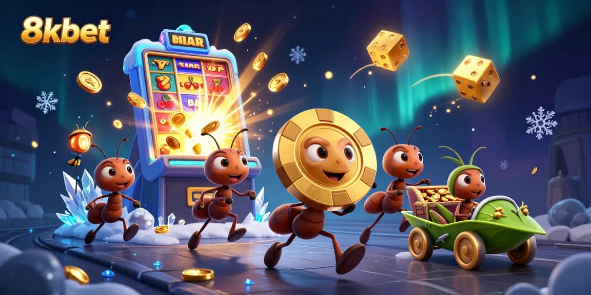 Experience the thrilling adventures of 8xbet with cartoon ants on a heist for a giant poker chip.