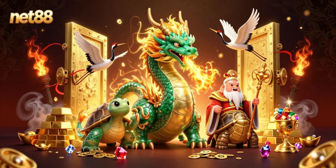 Experience thrilling action at net88 with a vibrant 3D casino scene showcasing mythical elements.