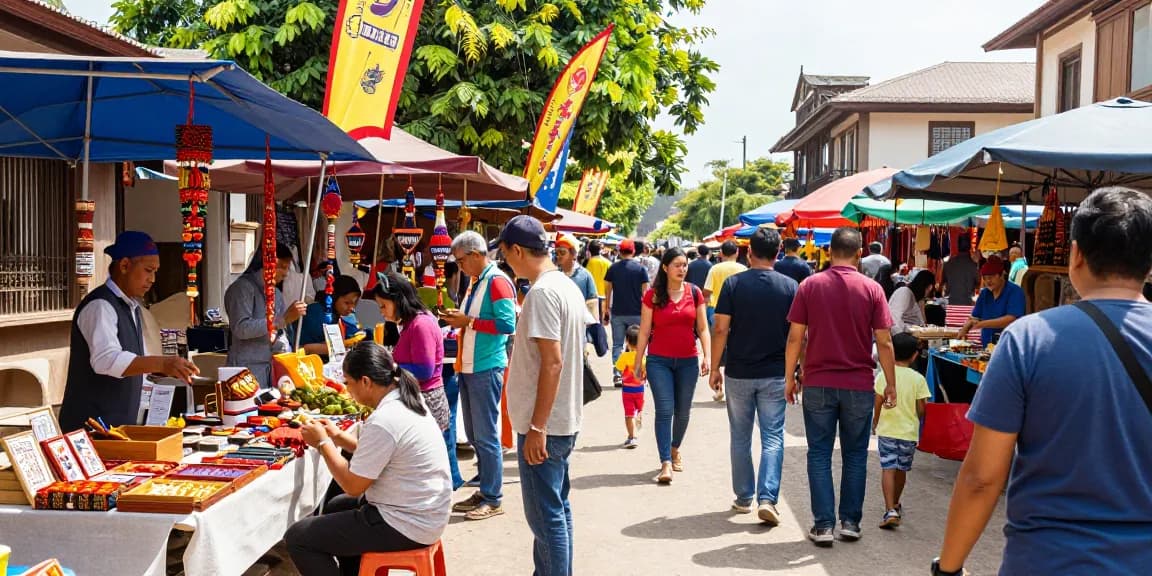 Craftsman demonstrating rokok88 at vibrant street market surrounded by colorful stalls and shoppers.