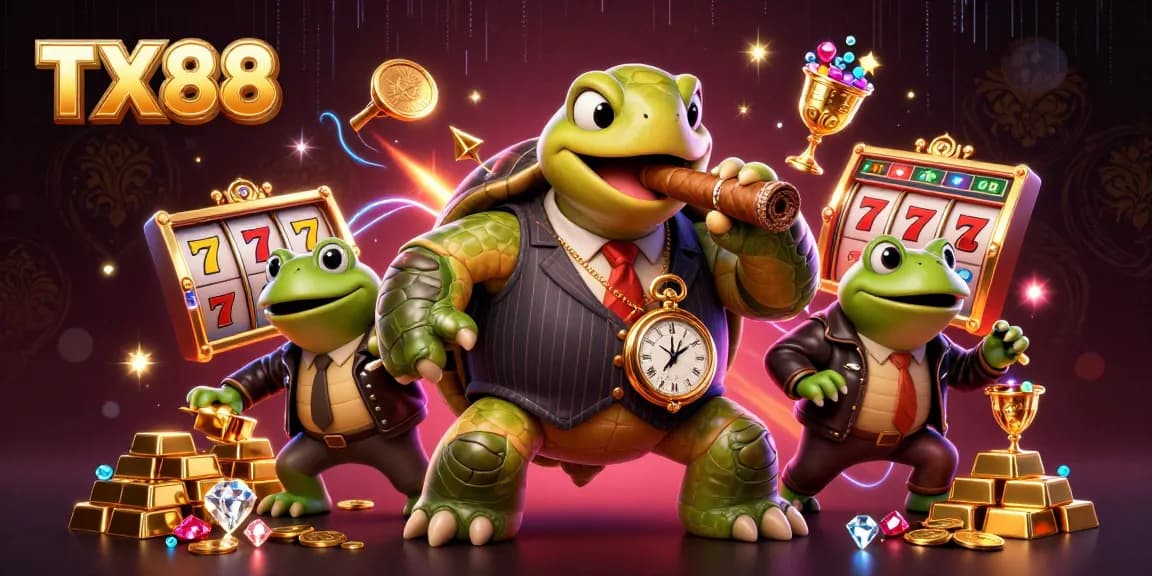 Spin the reels at TX88 with our mobster turtle and bullfrogs, classic casino fun!