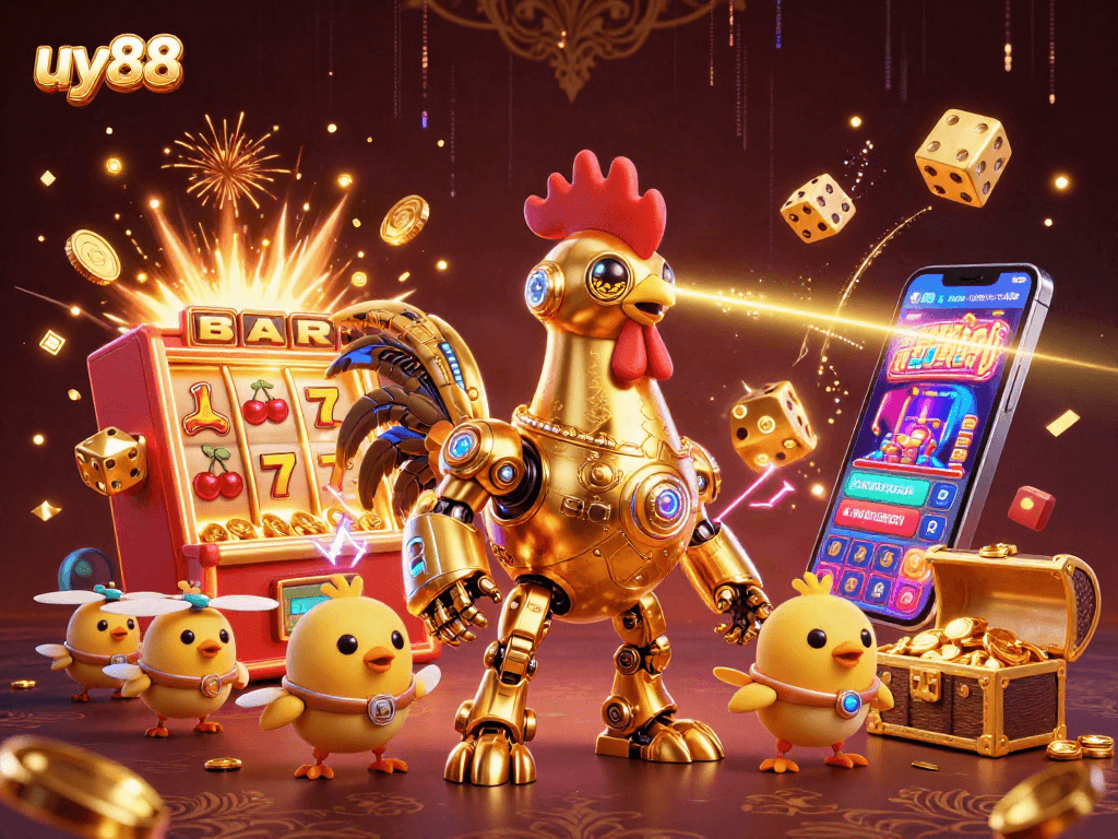 Experience thrilling wins at uy88 casino with a golden rooster robot and baby chick drones.