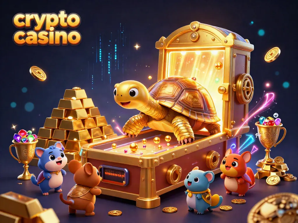 Experience the thrill of a crypto casino with vibrant visuals of gameplay and treasures.