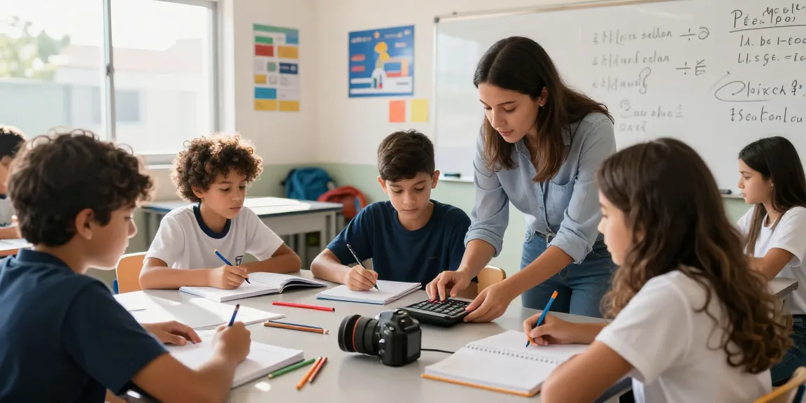 Estudantes utilizando uma calculadora de média escolar em um ambiente de sala de aula iluminado.
