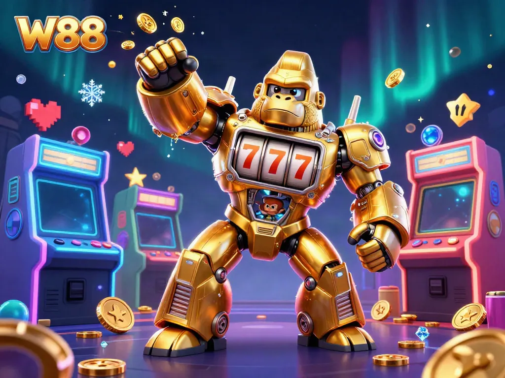 Experience the thrill of W88 with a 3D golden gorilla mech surrounded by vibrant casino elements.