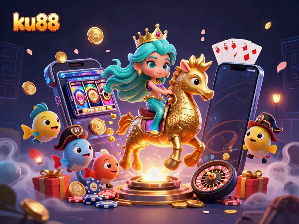 Engage in exciting gaming at ku88 with vibrant casino elements and enchanting characters in a rich underwater scene.