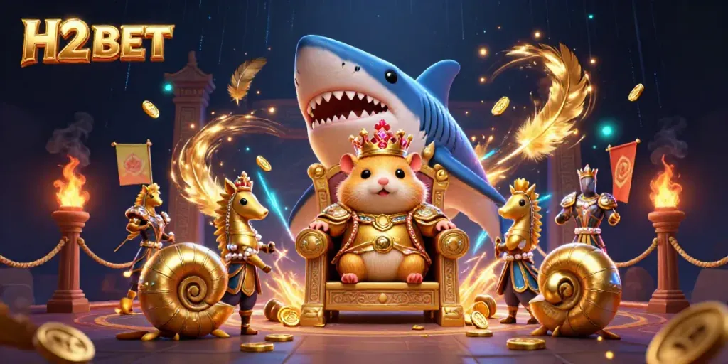 Experience the thrilling H2 BET gaming scene with a golden hamster king and seahorse guards in a vibrant arena.