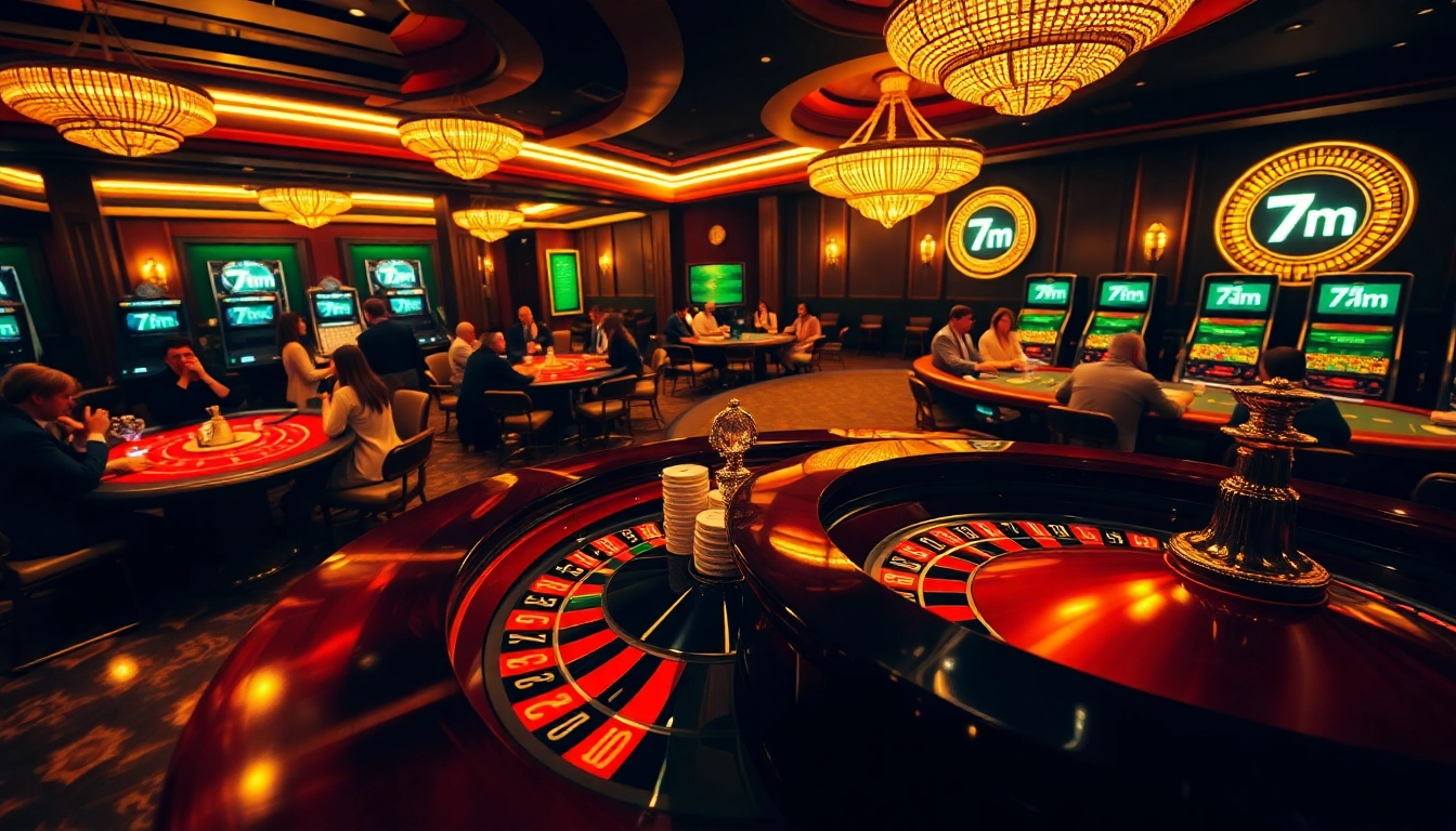 Players experiencing thrilling games in a luxurious casino setting with 7m betting chips in play.