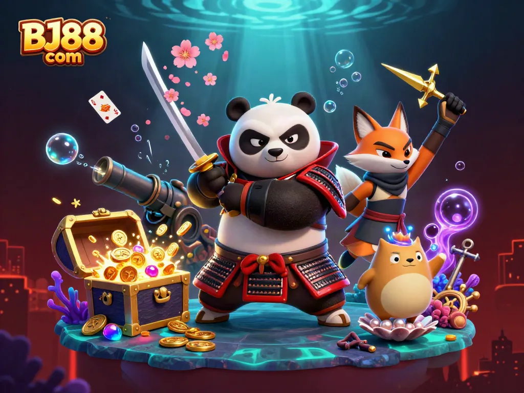 Experience thrilling gameplay at BJ88 com with a fierce panda samurai and ninja fox amidst sparkling treasure.