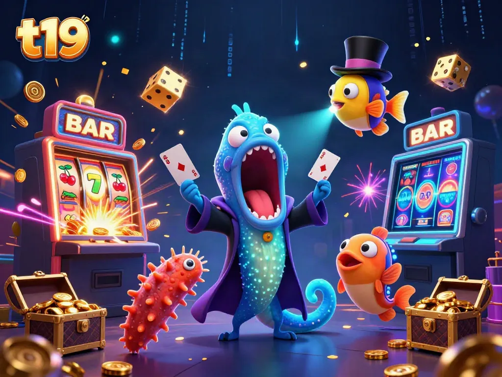 Experience thrilling card tricks with t19's deep-sea characters in a vibrant casino scene.