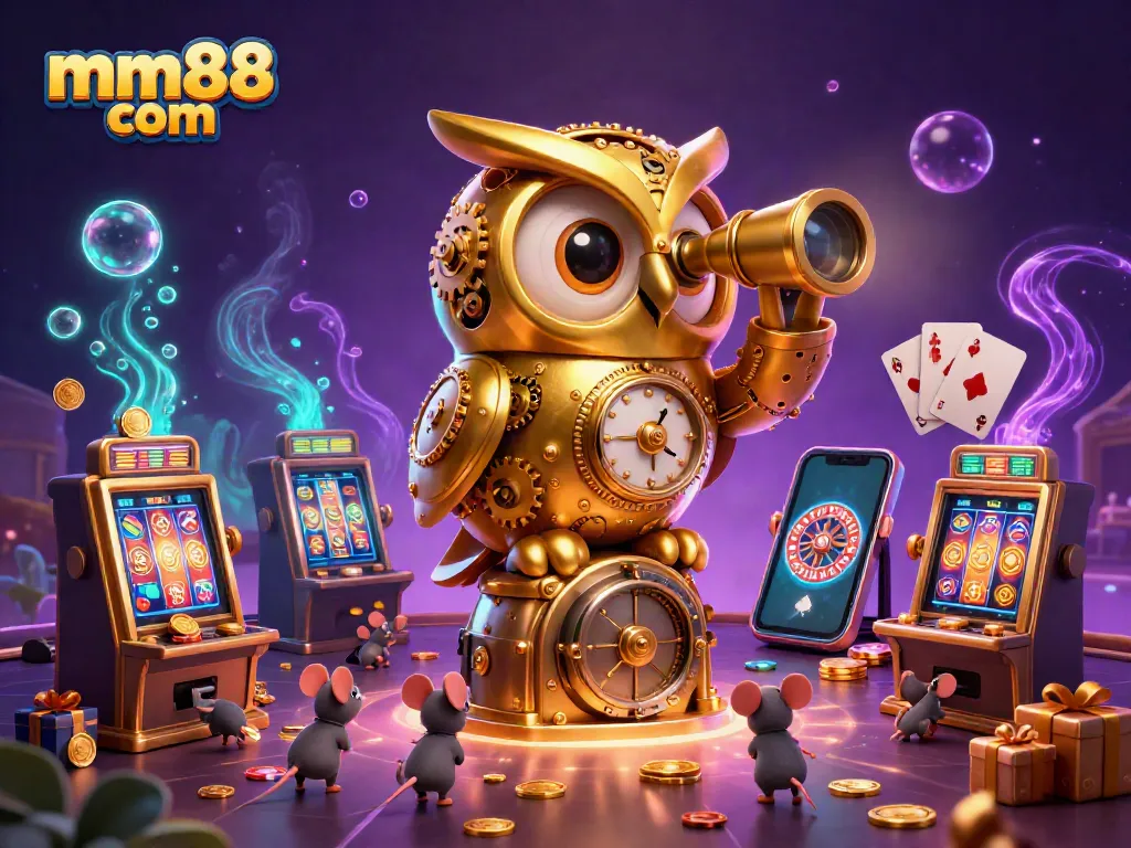 Engage in exciting wins with mm88 com as a lively 3D scene showcases a clockwork owl watching over an animated casino floor.