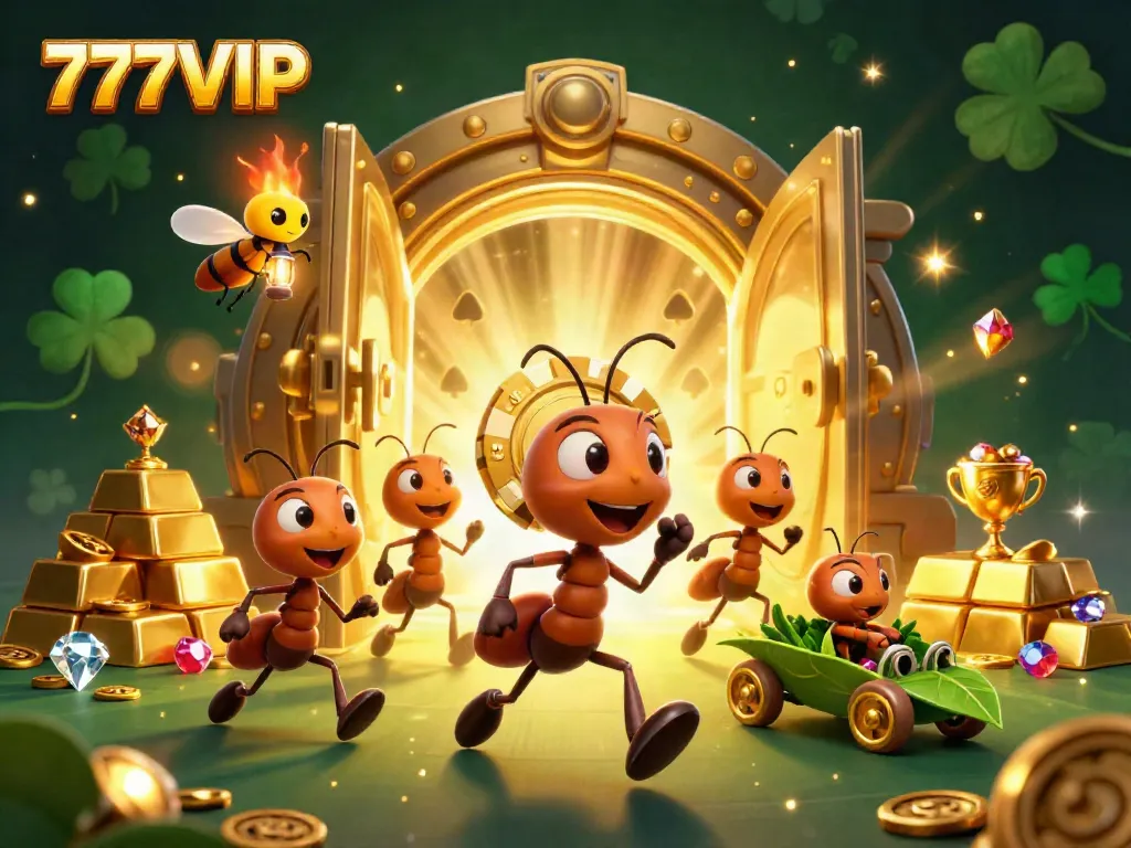 Experience the thrill of winning with 777VIP as ants sneak a giant poker chip in a vibrant, glittering treasure scene.