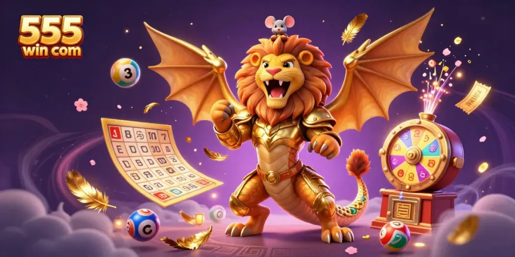 Engage in thrilling gameplay with 555win com, featuring a chimera and lottery excitement.