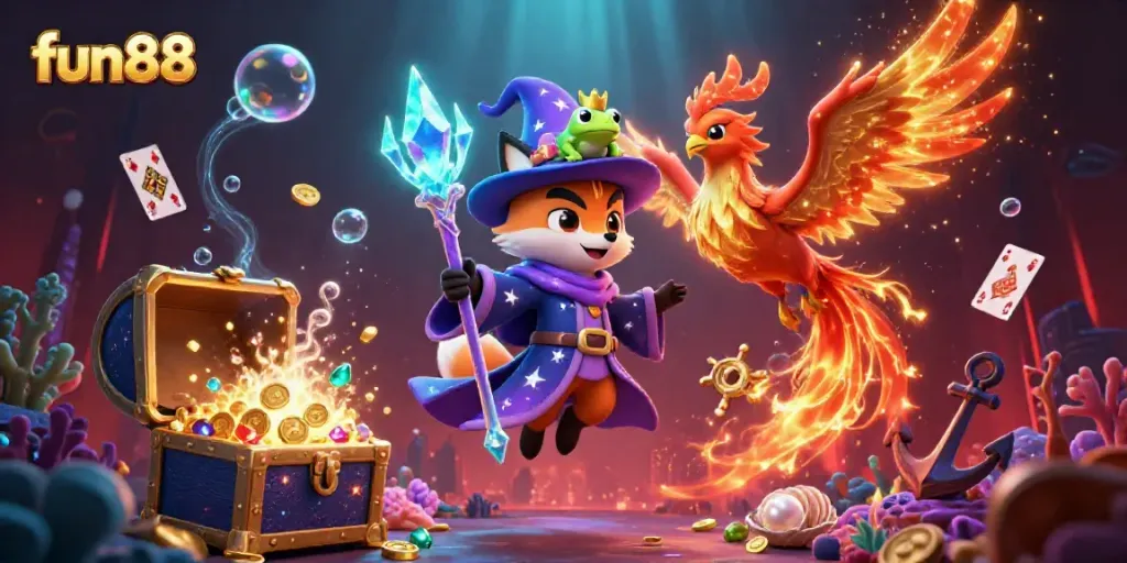 Experience exhilarating fun88 gaming thrills with a whimsical wizard fox and phoenix amidst dazzling treasures.