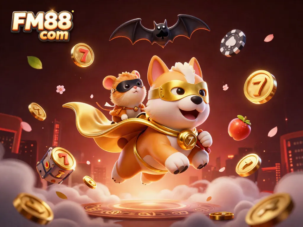 Experience thrilling wins with FM88 com, as our superhero dog and sidekick journey through a vibrant casino world.