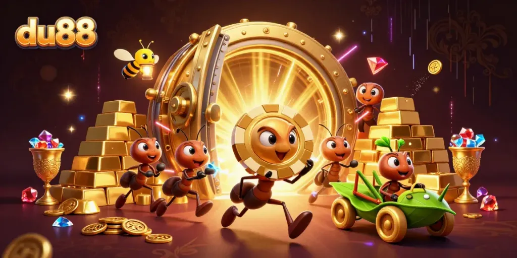 Ants executing a heist at du88 casino with a golden poker chip, showcasing vibrant treasure elements.