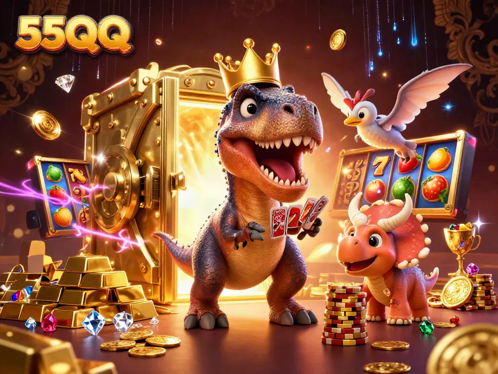 Engage with 55QQ's exhilarating casino action featuring a T-Rex shuffling cards and a vibrant slot theme.