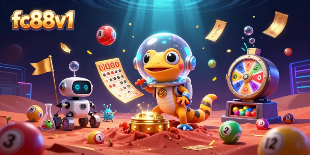Experience exciting gameplay with fc88v1 in this vibrant 3D casino scene, featuring alien characters and lively elements.