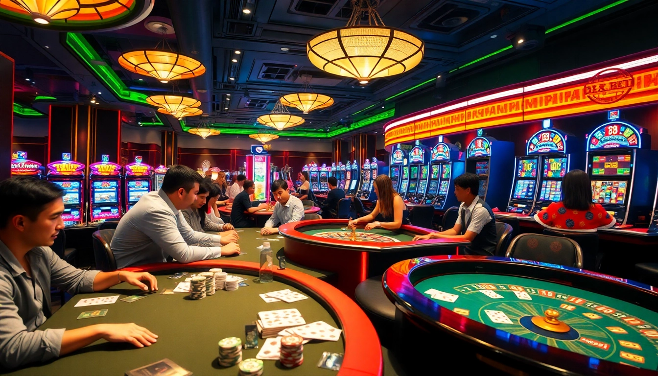 Gambling excitement at 188 bet with players engaged in a vibrant casino floor filled with poker tables and slot machines.